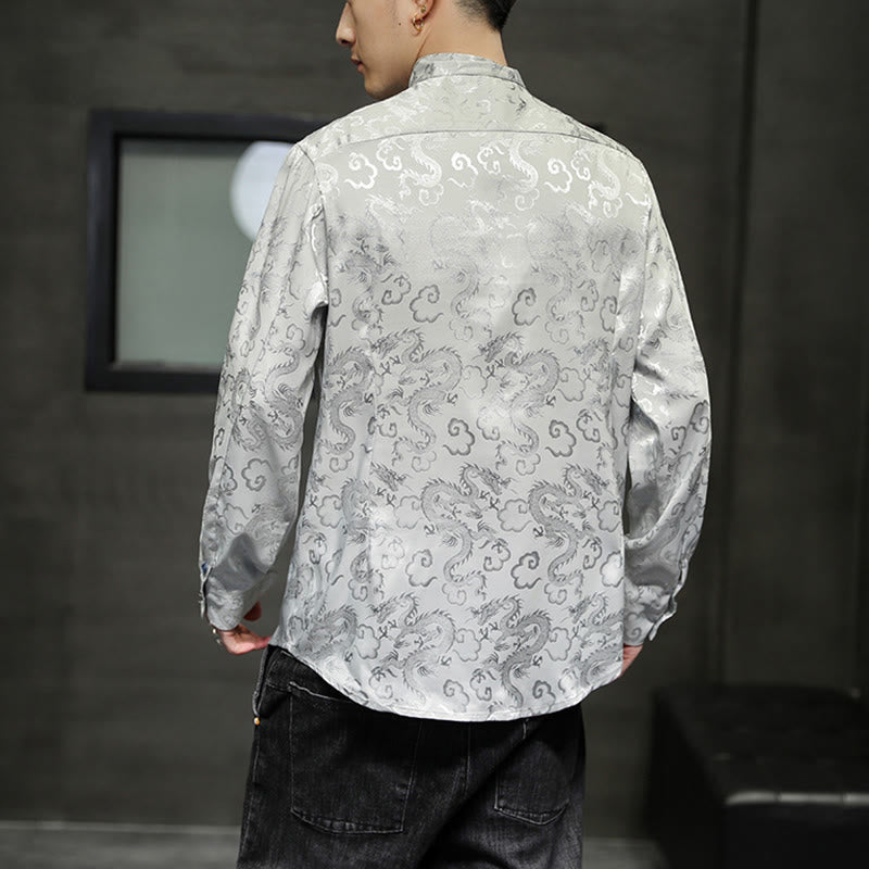 Breathable Linen Dragon Pattern Stand Collar Men's Jacket Shirt