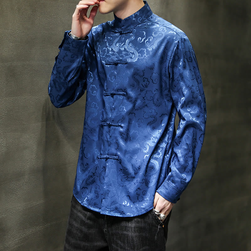 Breathable Linen Dragon Pattern Stand Collar Men's Jacket Shirt