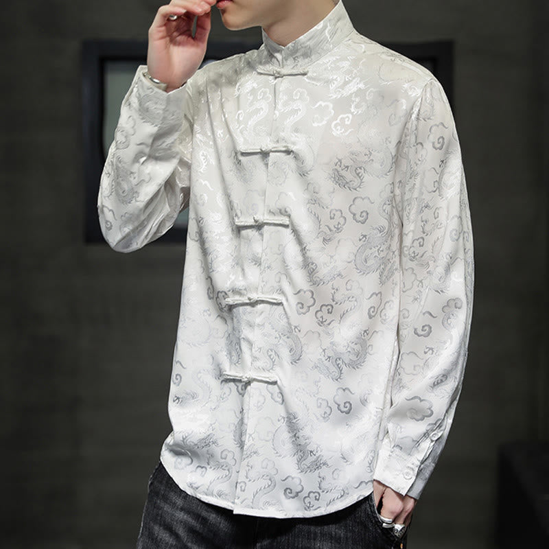 Breathable Linen Dragon Pattern Stand Collar Men's Jacket Shirt