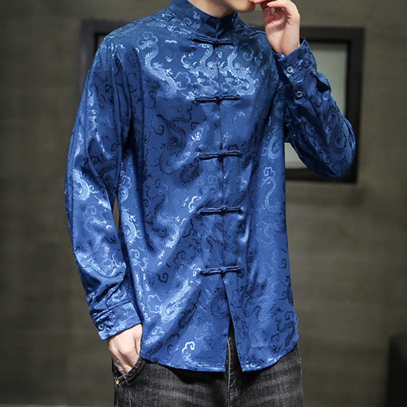 Breathable Linen Dragon Pattern Stand Collar Men's Jacket Shirt
