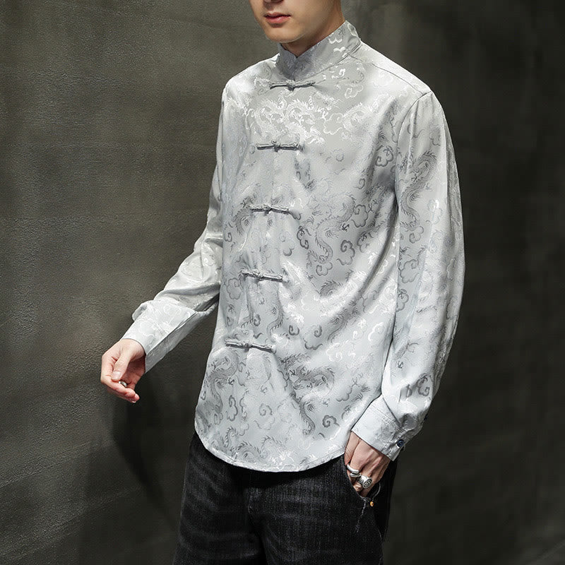Breathable Linen Dragon Pattern Stand Collar Men's Jacket Shirt
