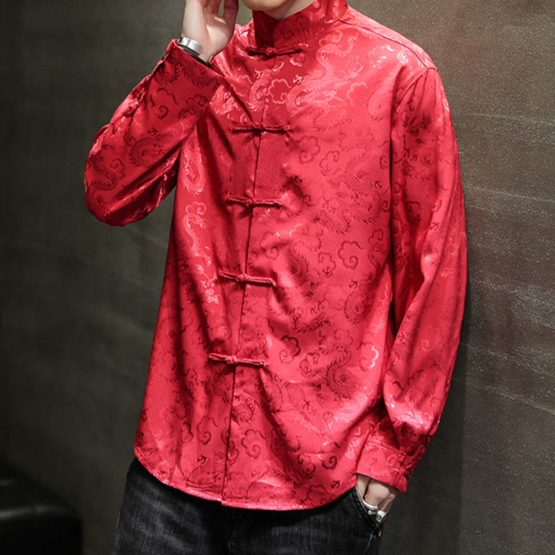Breathable Linen Dragon Pattern Stand Collar Men's Jacket Shirt