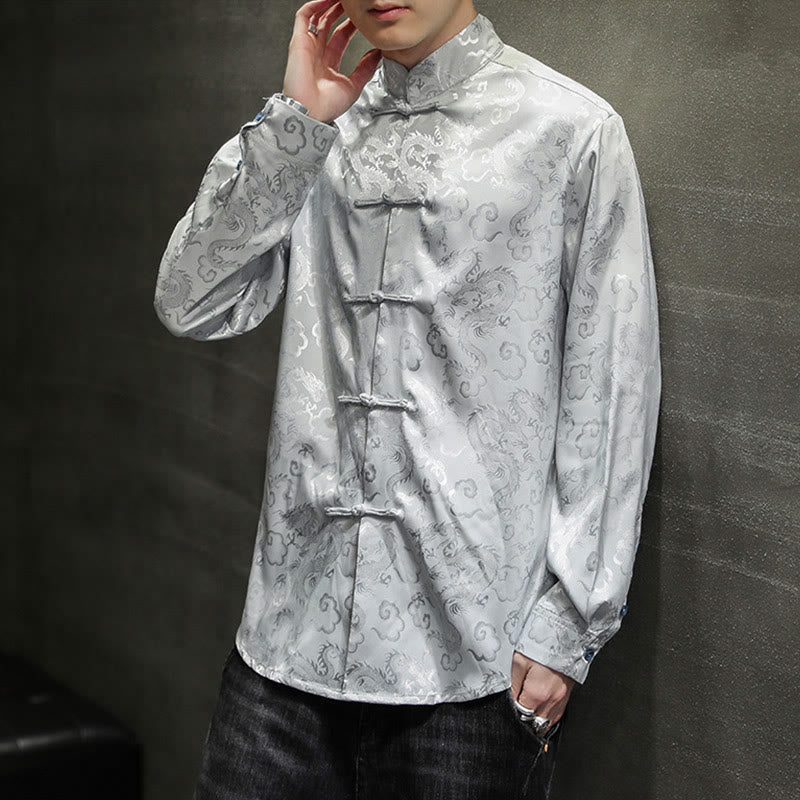 Breathable Linen Dragon Pattern Stand Collar Men's Jacket Shirt