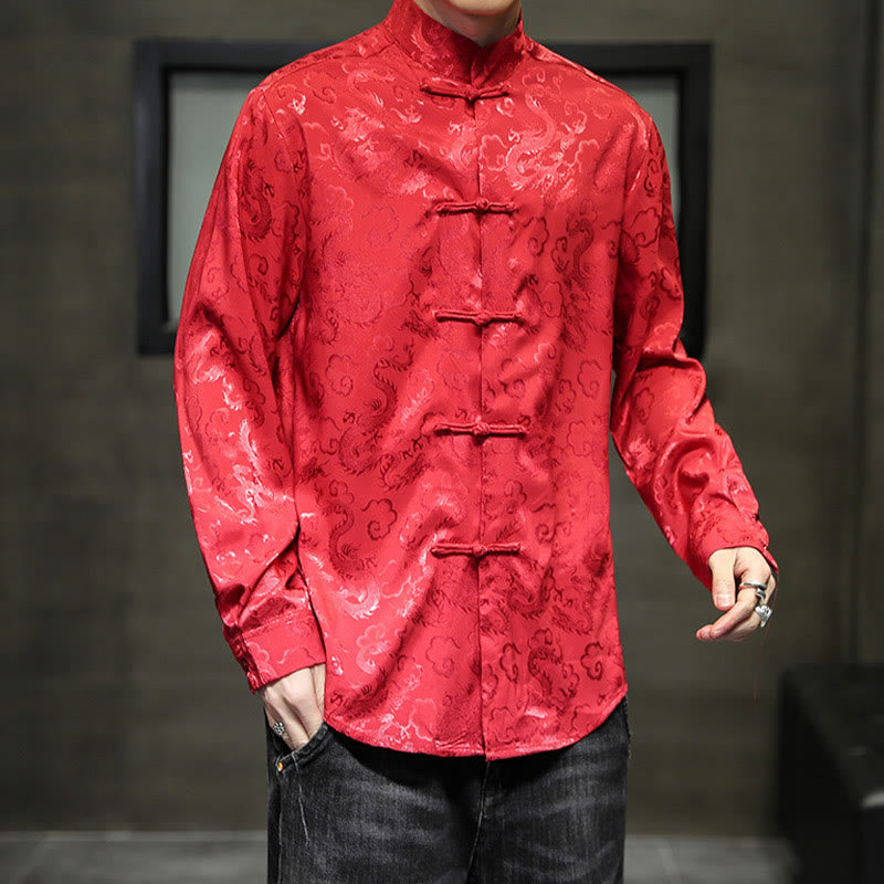 Breathable Linen Dragon Pattern Stand Collar Men's Jacket Shirt