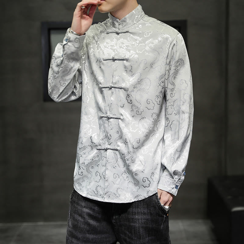 Breathable Linen Dragon Pattern Stand Collar Men's Jacket Shirt