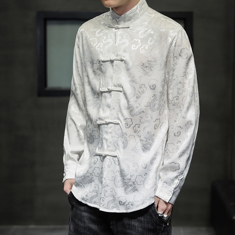 Breathable Linen Dragon Pattern Stand Collar Men's Jacket Shirt