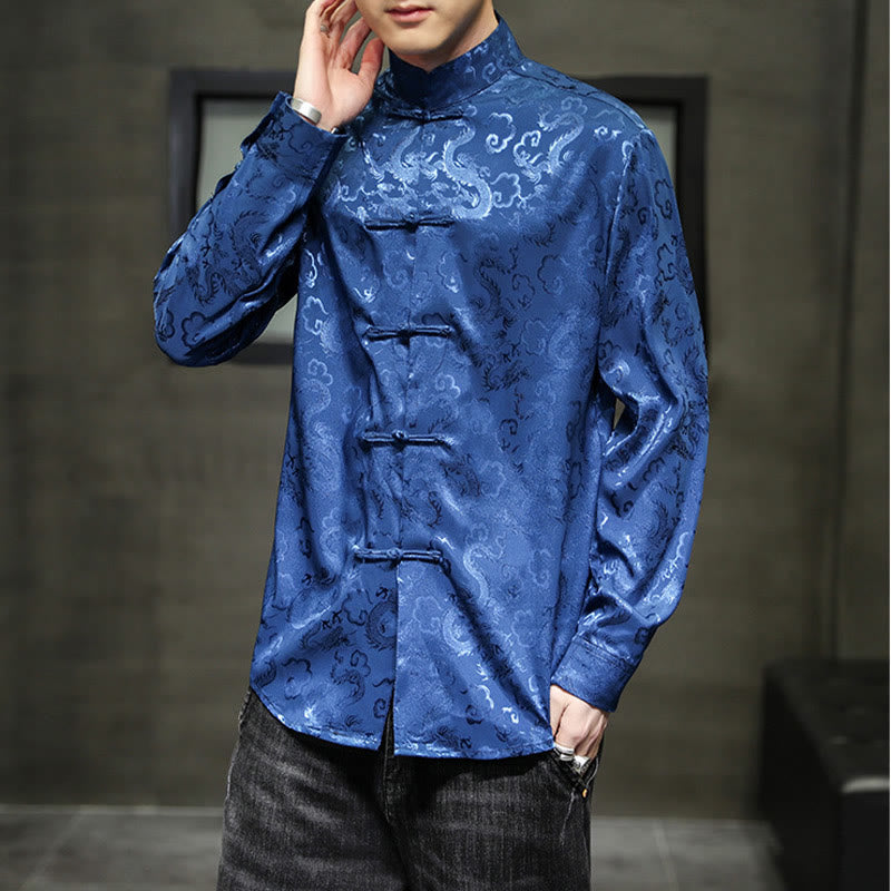Breathable Linen Dragon Pattern Stand Collar Men's Jacket Shirt