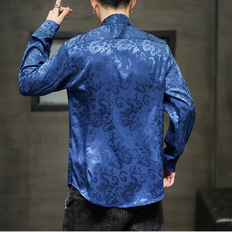 Breathable Linen Dragon Pattern Stand Collar Men's Jacket Shirt
