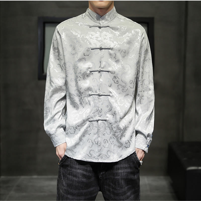 Breathable Linen Dragon Pattern Stand Collar Men's Jacket Shirt