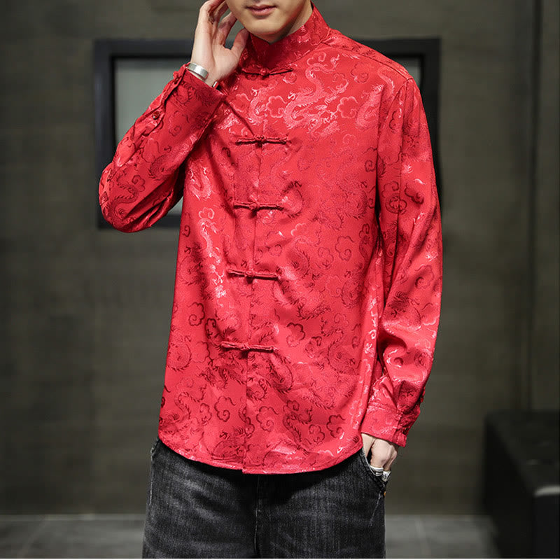 Breathable Linen Dragon Pattern Stand Collar Men's Jacket Shirt