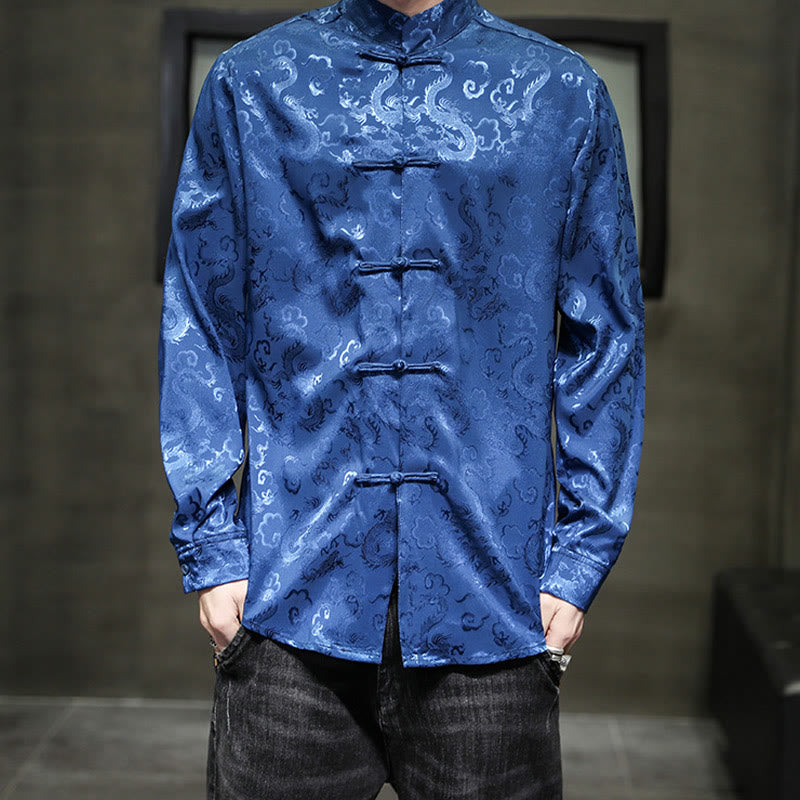 Breathable Linen Dragon Pattern Stand Collar Men's Jacket Shirt