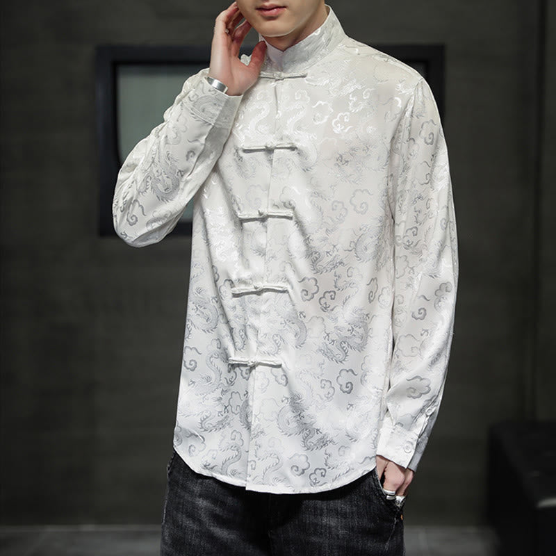 Breathable Linen Dragon Pattern Stand Collar Men's Jacket Shirt