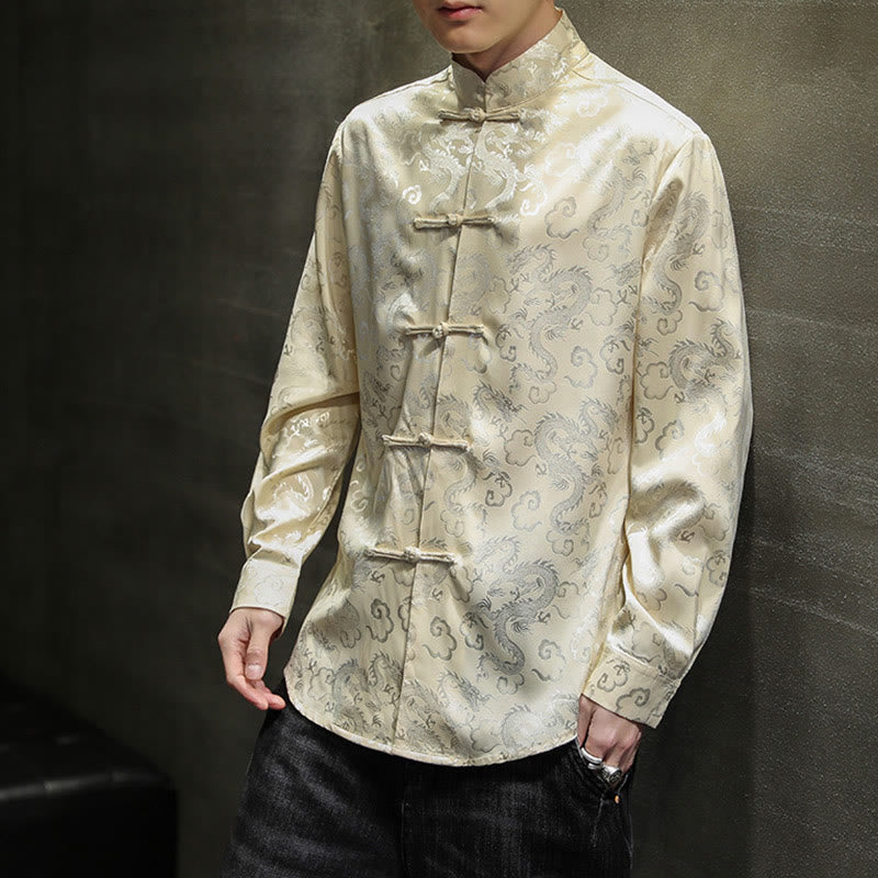 Breathable Linen Dragon Pattern Stand Collar Men's Jacket Shirt