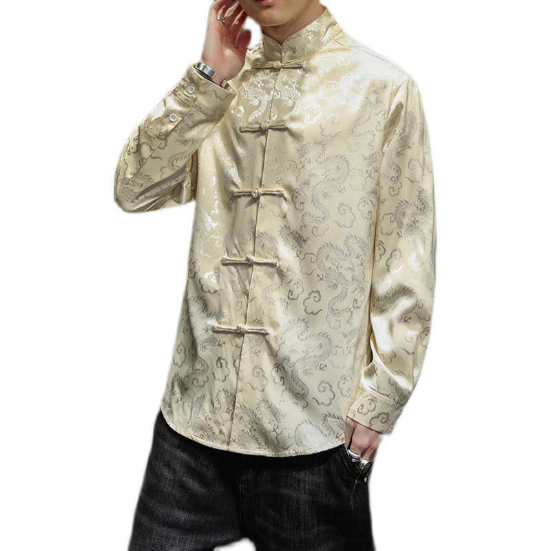 Breathable Linen Dragon Pattern Stand Collar Men's Jacket Shirt