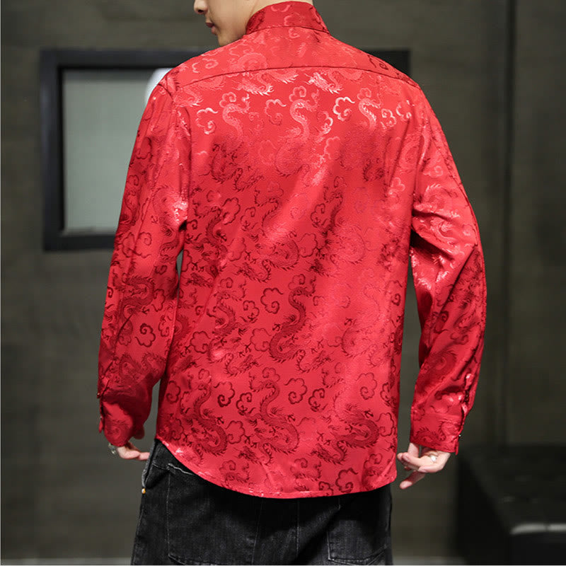 Breathable Linen Dragon Pattern Stand Collar Men's Jacket Shirt