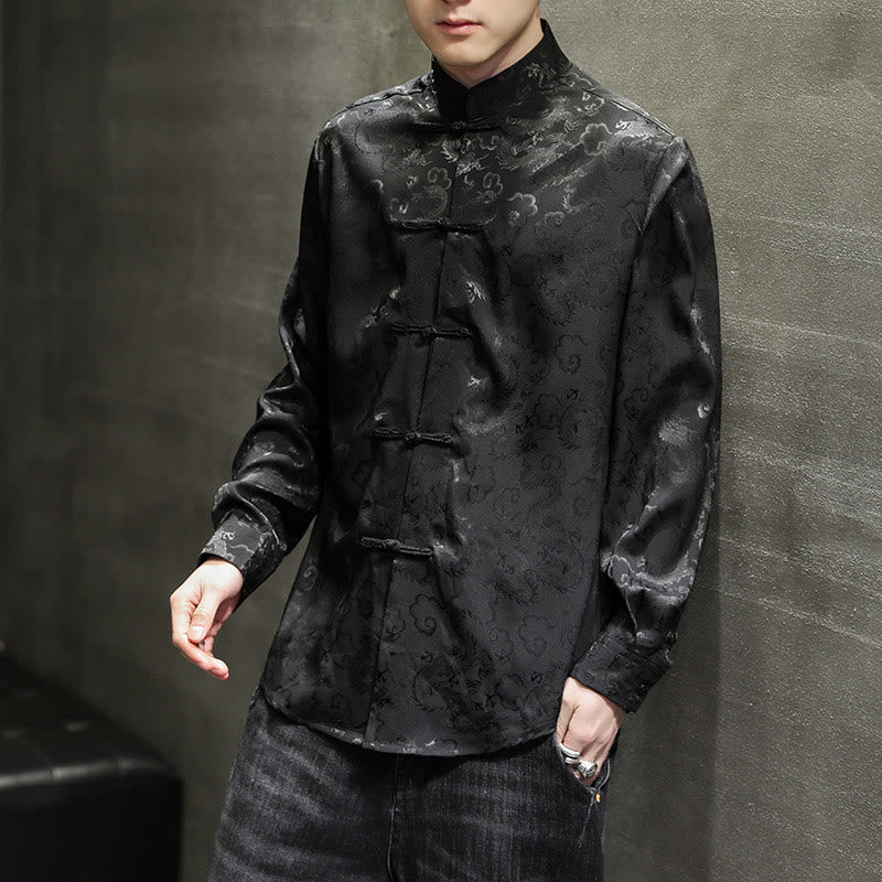 Breathable Linen Dragon Pattern Stand Collar Men's Jacket Shirt