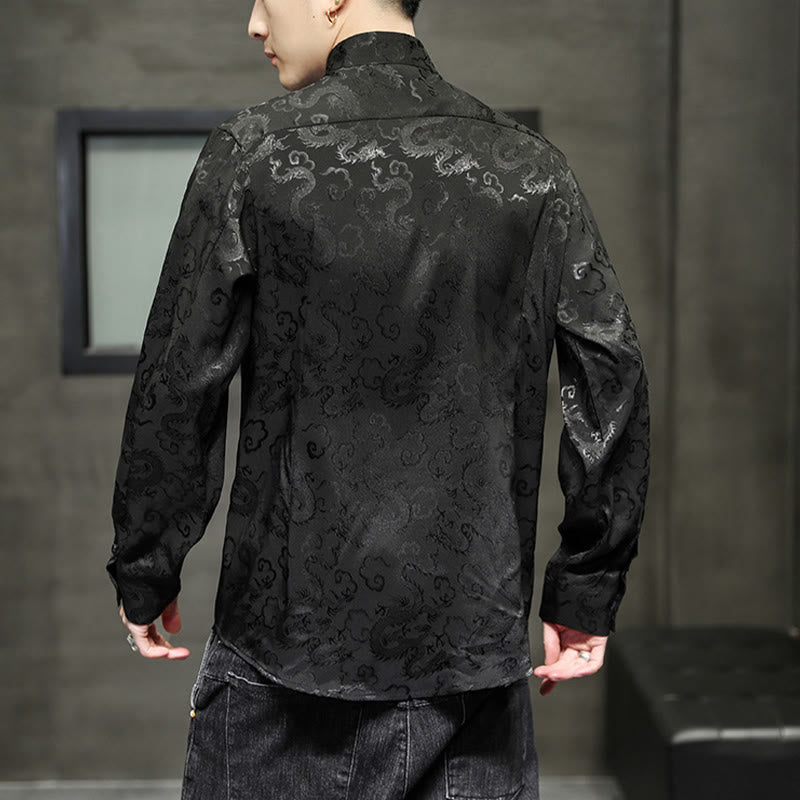Breathable Linen Dragon Pattern Stand Collar Men's Jacket Shirt