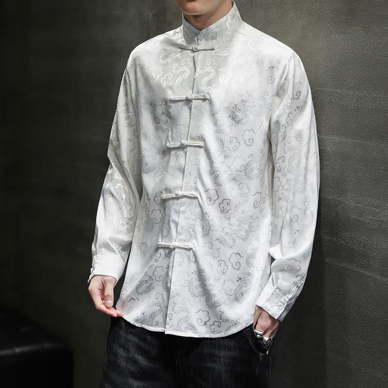 Breathable Linen Dragon Pattern Stand Collar Men's Jacket Shirt