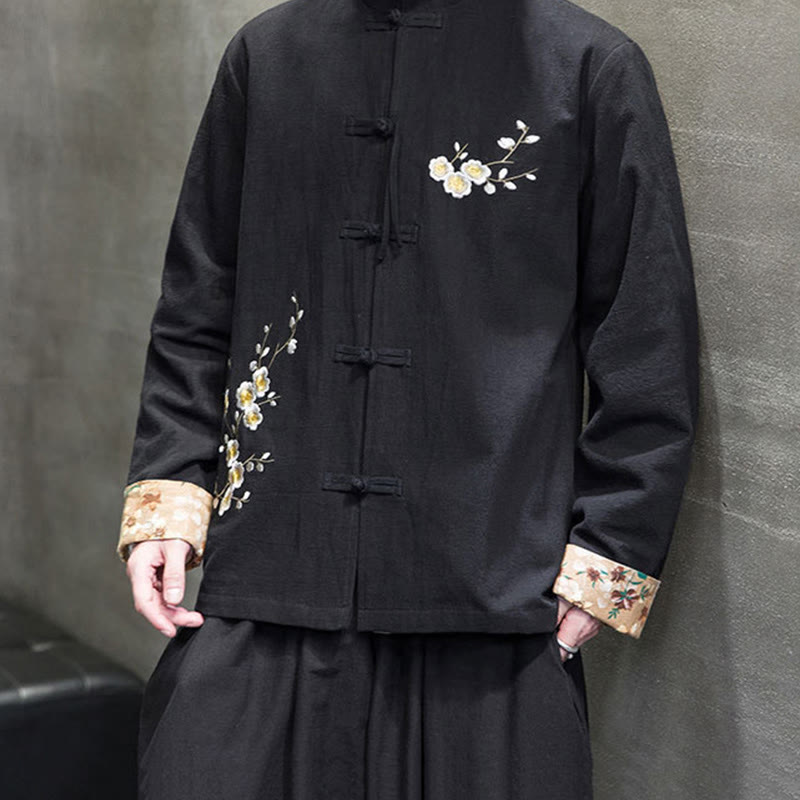 Plum Blossom Embroidery Cuff Flower Design Frog-button Tang Suit Cotton Linen Men's Jacket Shirt