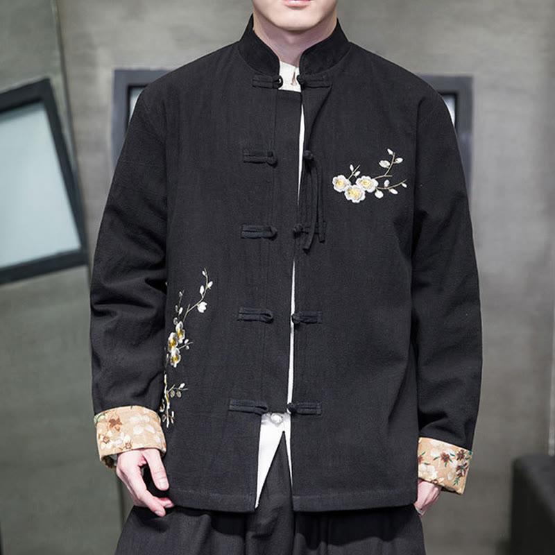 Plum Blossom Embroidery Cuff Flower Design Frog-button Tang Suit Cotton Linen Men's Jacket Shirt