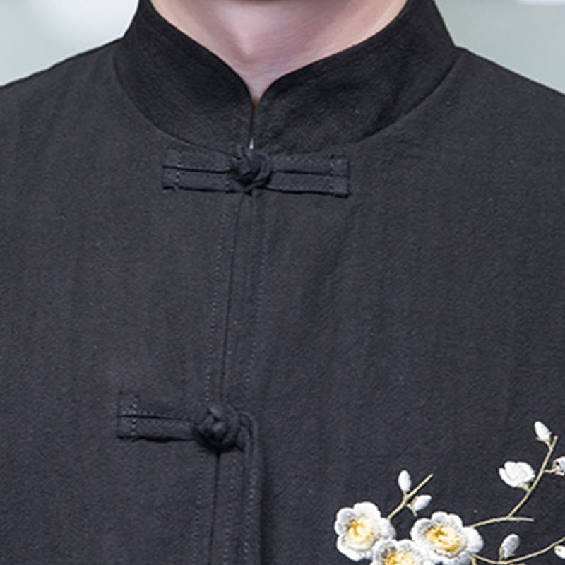 Plum Blossom Embroidery Cuff Flower Design Frog-button Tang Suit Cotton Linen Men's Jacket Shirt