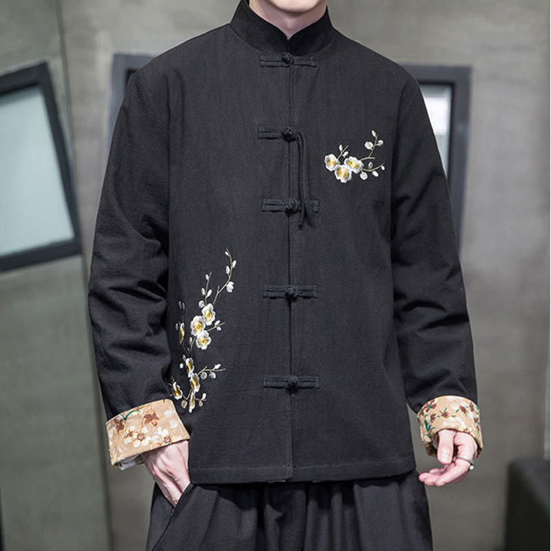 Plum Blossom Embroidery Cuff Flower Design Frog-button Tang Suit Cotton Linen Men's Jacket Shirt