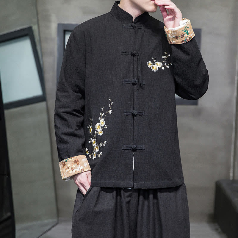 Plum Blossom Embroidery Cuff Flower Design Frog-button Tang Suit Cotton Linen Men's Jacket Shirt