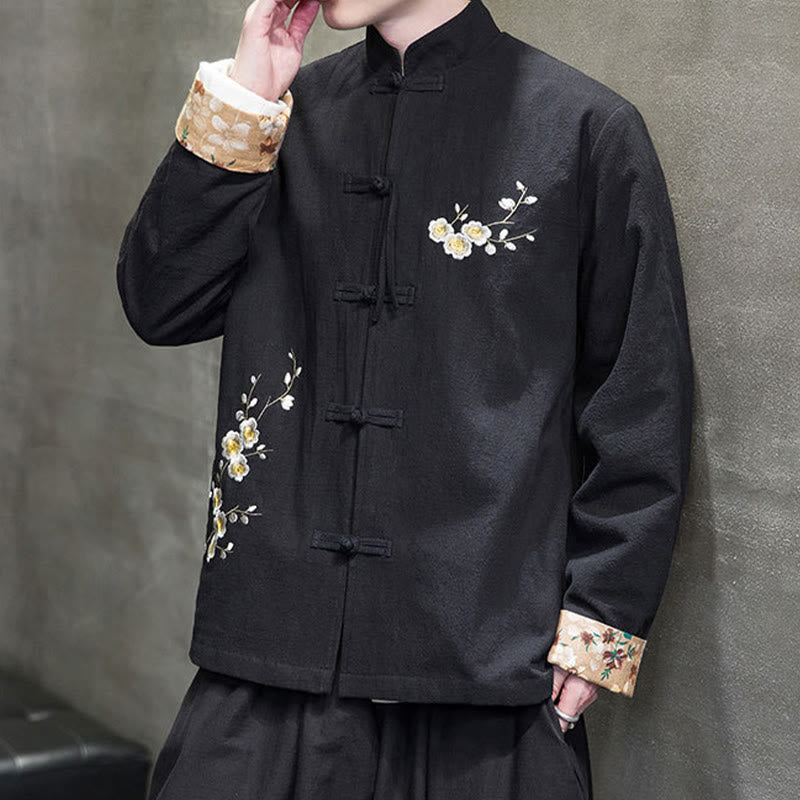 Plum Blossom Embroidery Cuff Flower Design Frog-button Tang Suit Cotton Linen Men's Jacket Shirt