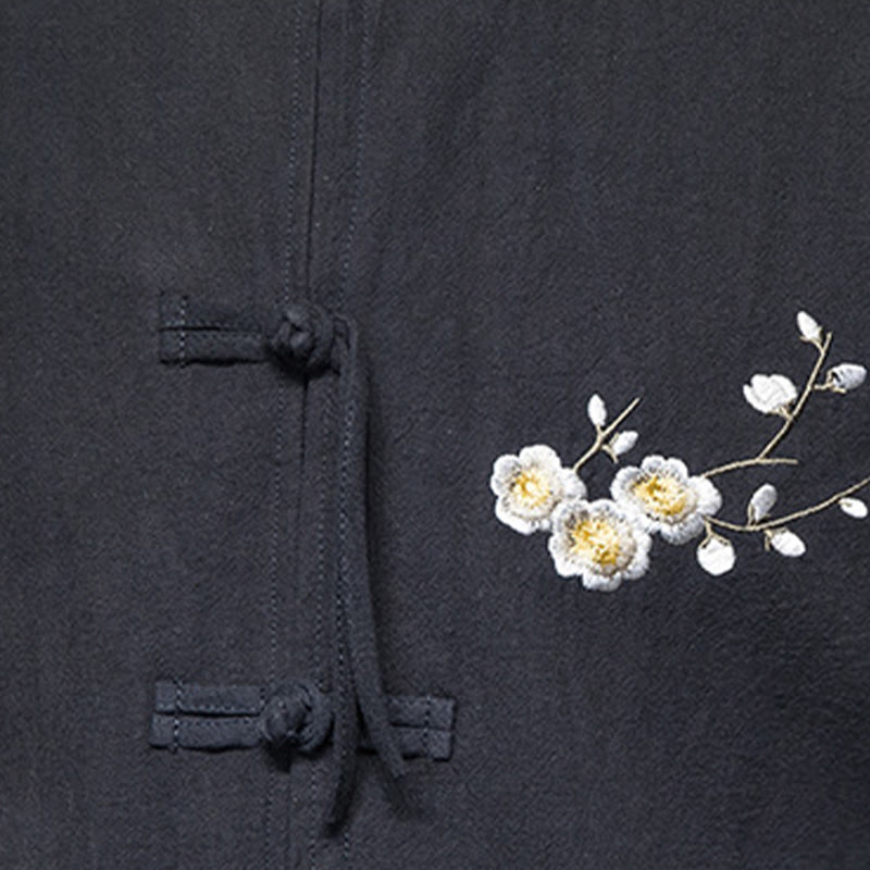 Plum Blossom Embroidery Cuff Flower Design Frog-button Tang Suit Cotton Linen Men's Jacket Shirt