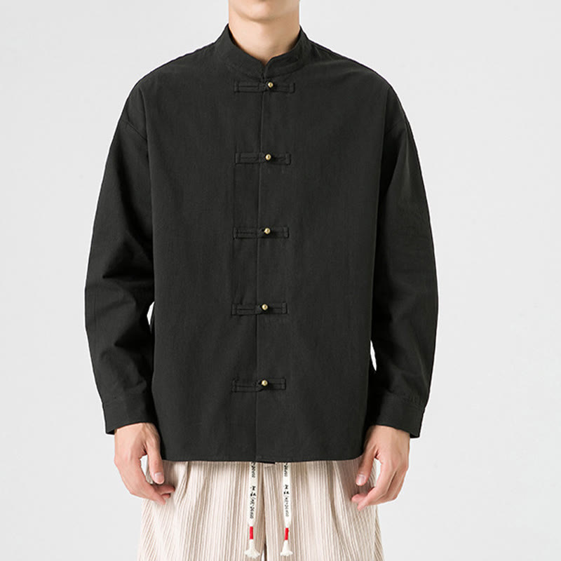 Cotton Stand-Collar Frog-Button Meditation Jacket Shirt