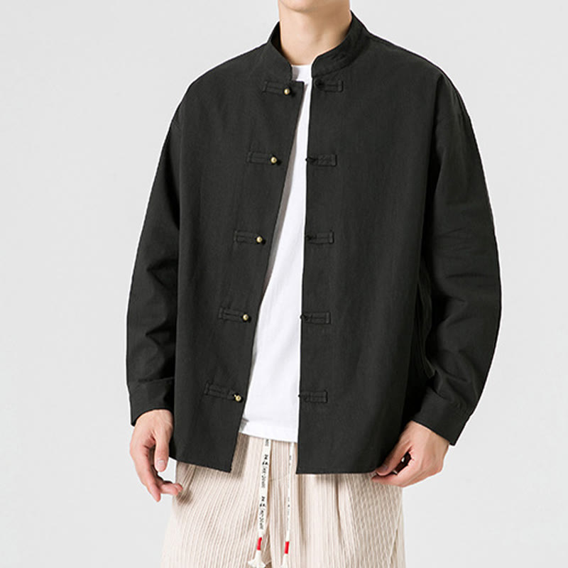 Cotton Stand-Collar Frog-Button Meditation Jacket Shirt