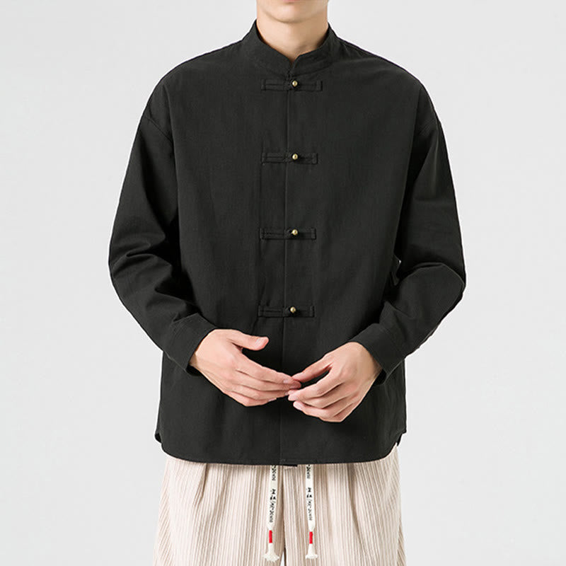 Cotton Stand-Collar Frog-Button Meditation Jacket Shirt
