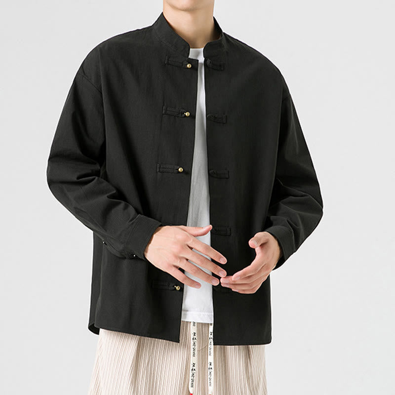 Cotton Stand-Collar Frog-Button Meditation Jacket Shirt