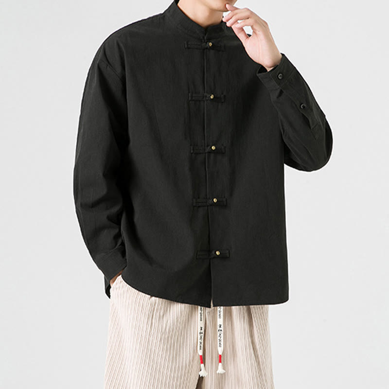 Cotton Stand-Collar Frog-Button Meditation Jacket Shirt