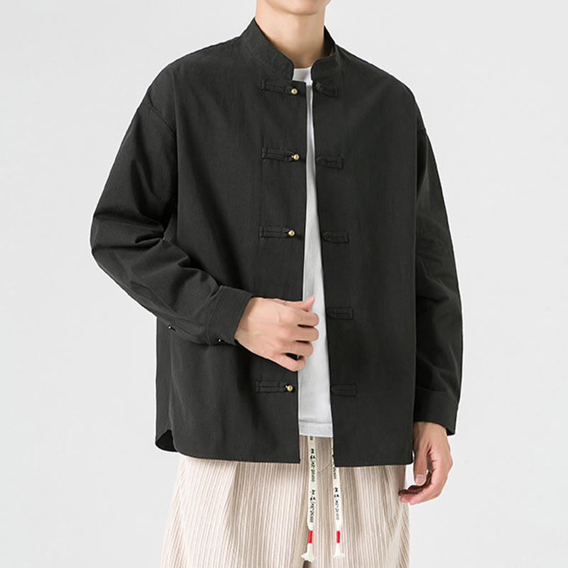 Cotton Stand-Collar Frog-Button Meditation Jacket Shirt