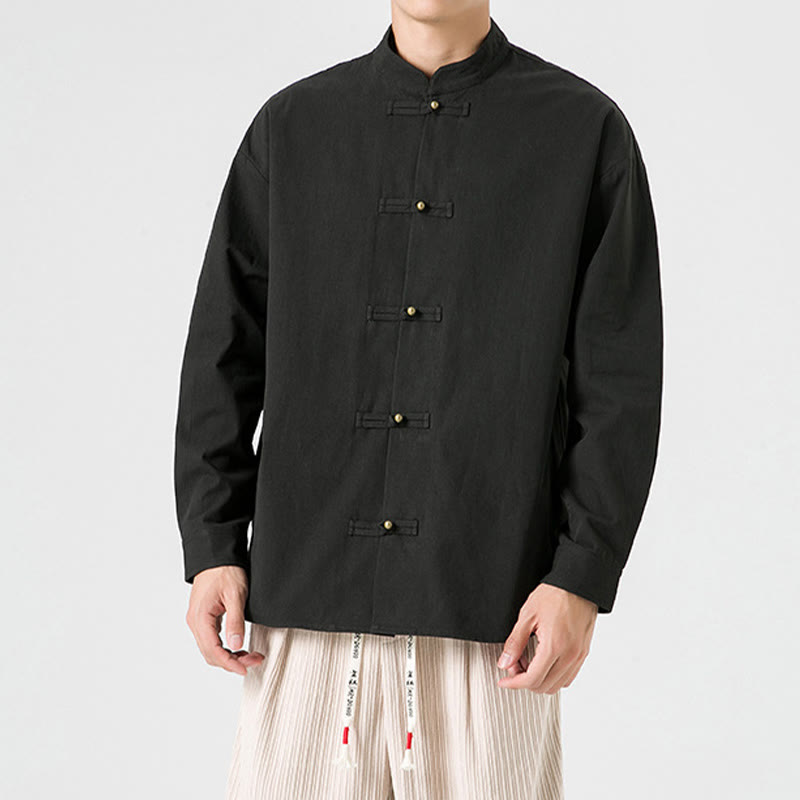 Cotton Stand-Collar Frog-Button Meditation Jacket Shirt