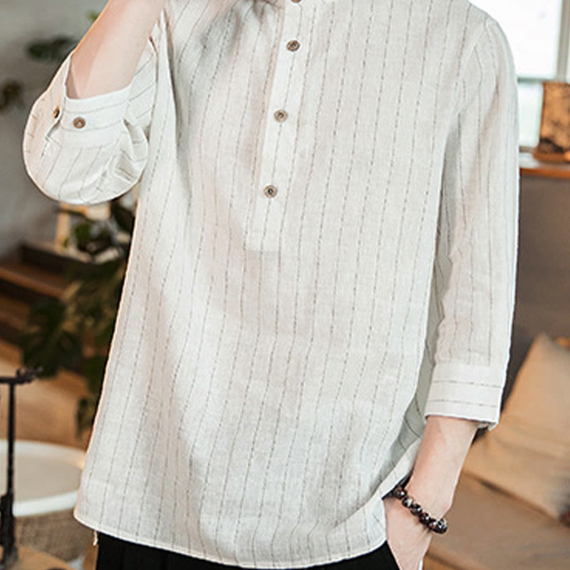 Half Button Striped Three Quarter Sleeves Linen Men's Shirt