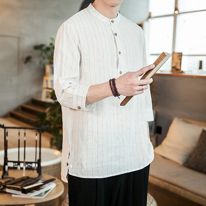 Half Button Striped Three Quarter Sleeves Linen Men's Shirt