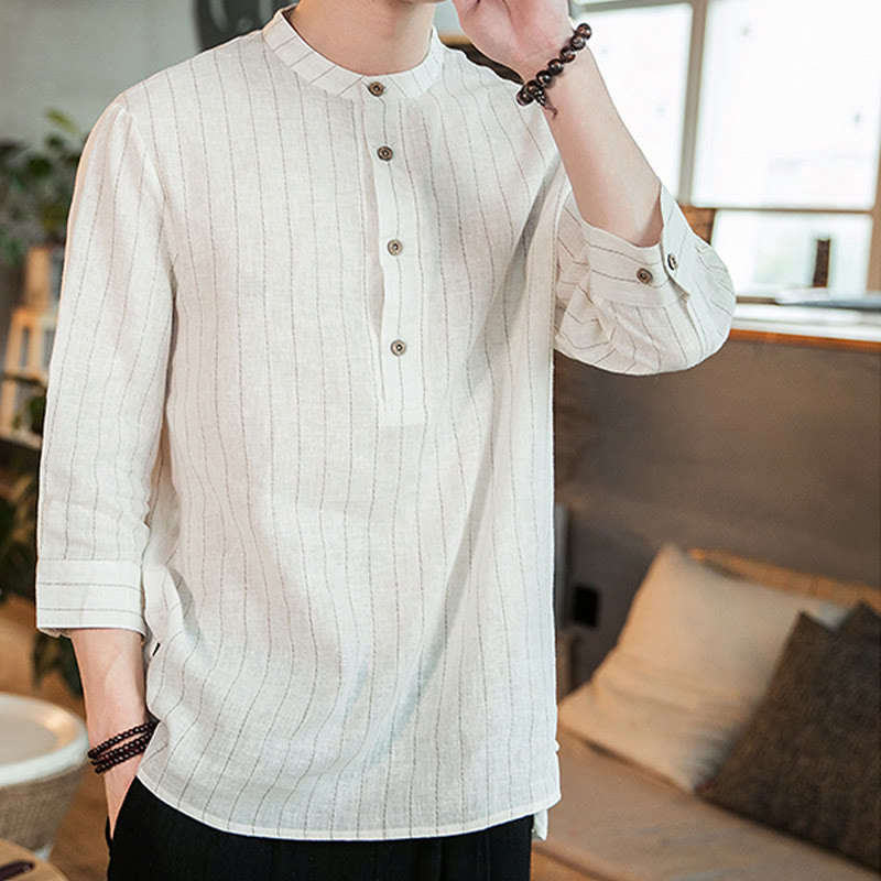 Half Button Striped Three Quarter Sleeves Linen Men's Shirt