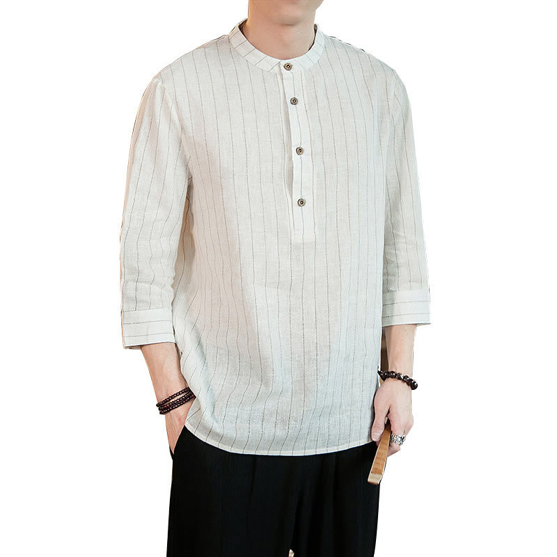 Half Button Striped Three Quarter Sleeves Linen Men's Shirt