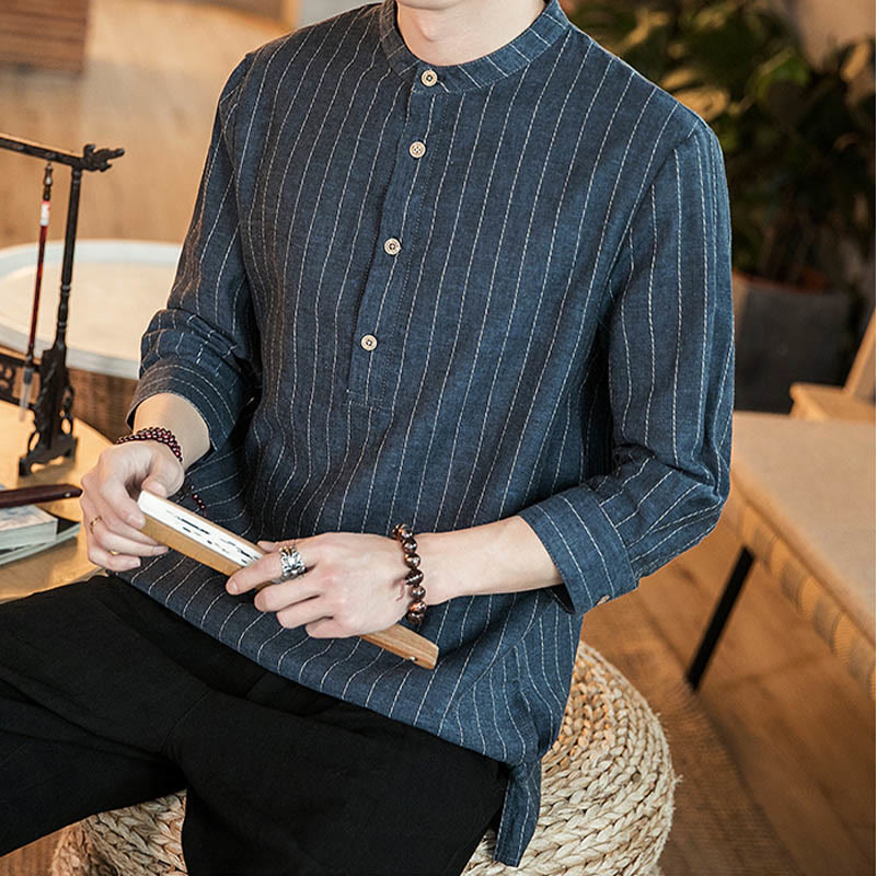 Half Button Striped Three Quarter Sleeves Linen Men's Shirt