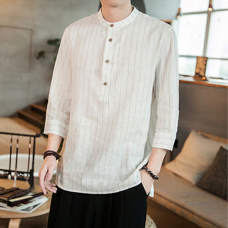 Half Button Striped Three Quarter Sleeves Linen Men's Shirt