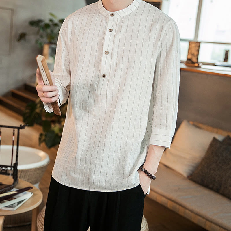 Half Button Striped Three Quarter Sleeves Linen Men's Shirt