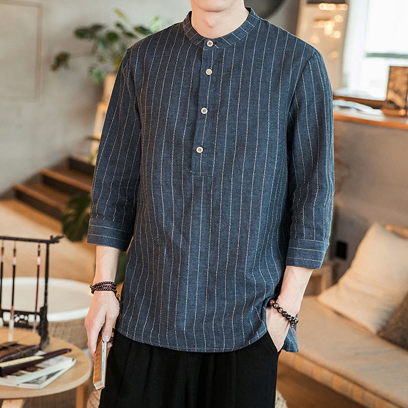 Half Button Striped Three Quarter Sleeves Linen Men's Shirt