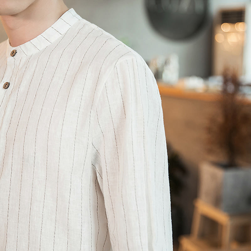 Half Button Striped Three Quarter Sleeves Linen Men's Shirt