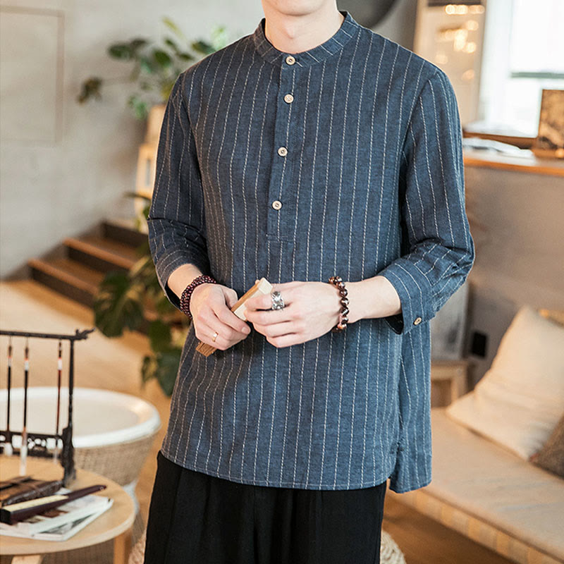 Half Button Striped Three Quarter Sleeves Linen Men's Shirt