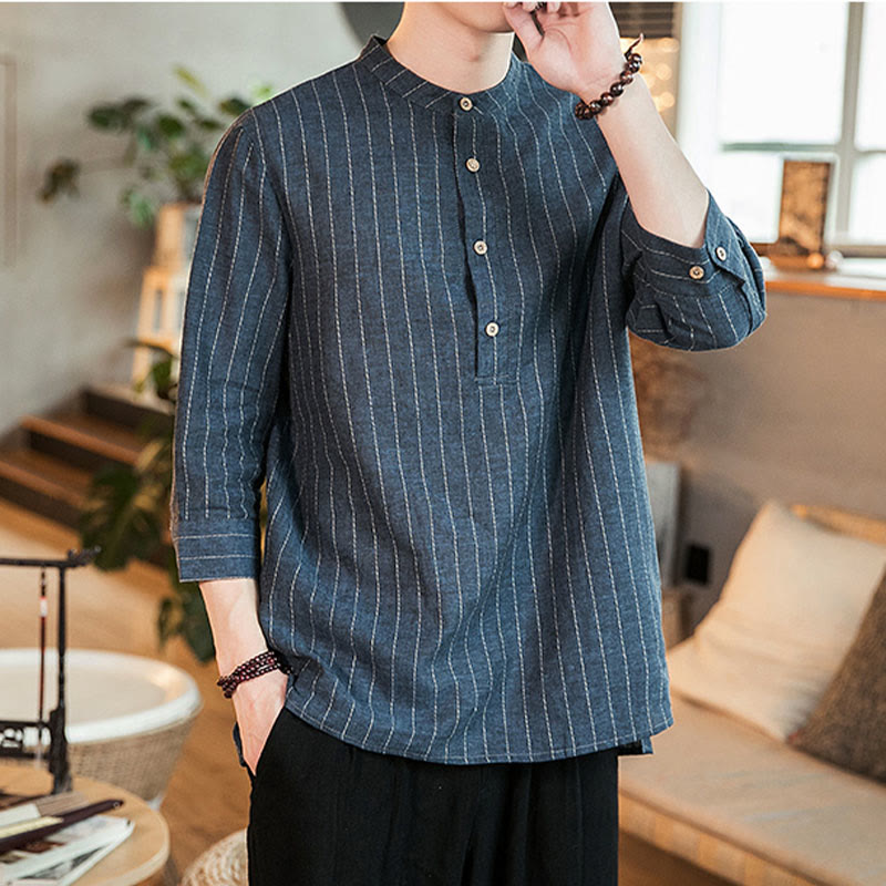 Half Button Striped Three Quarter Sleeves Linen Men's Shirt