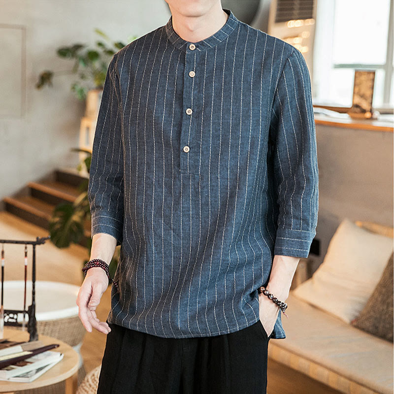 Half Button Striped Three Quarter Sleeves Linen Men's Shirt
