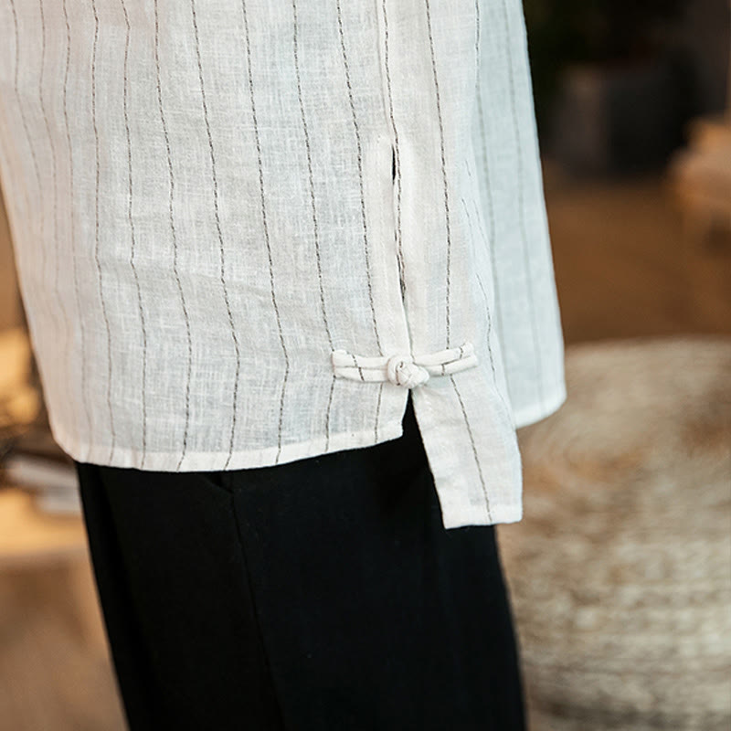 Half Button Striped Three Quarter Sleeves Linen Men's Shirt
