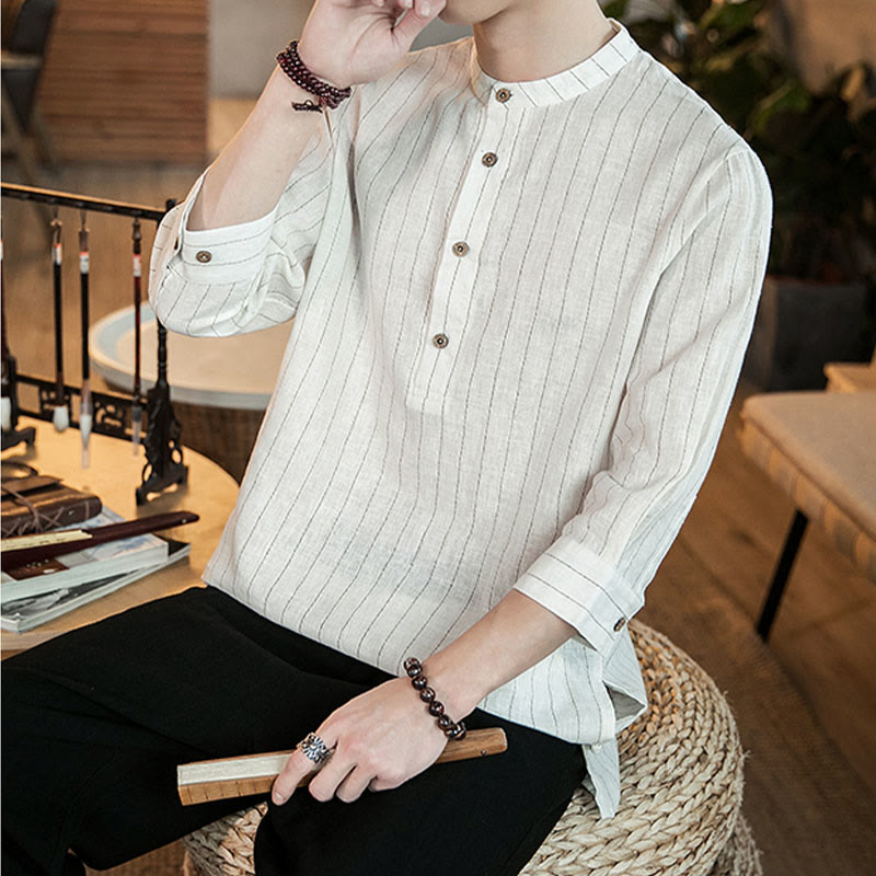 Half Button Striped Three Quarter Sleeves Linen Men's Shirt